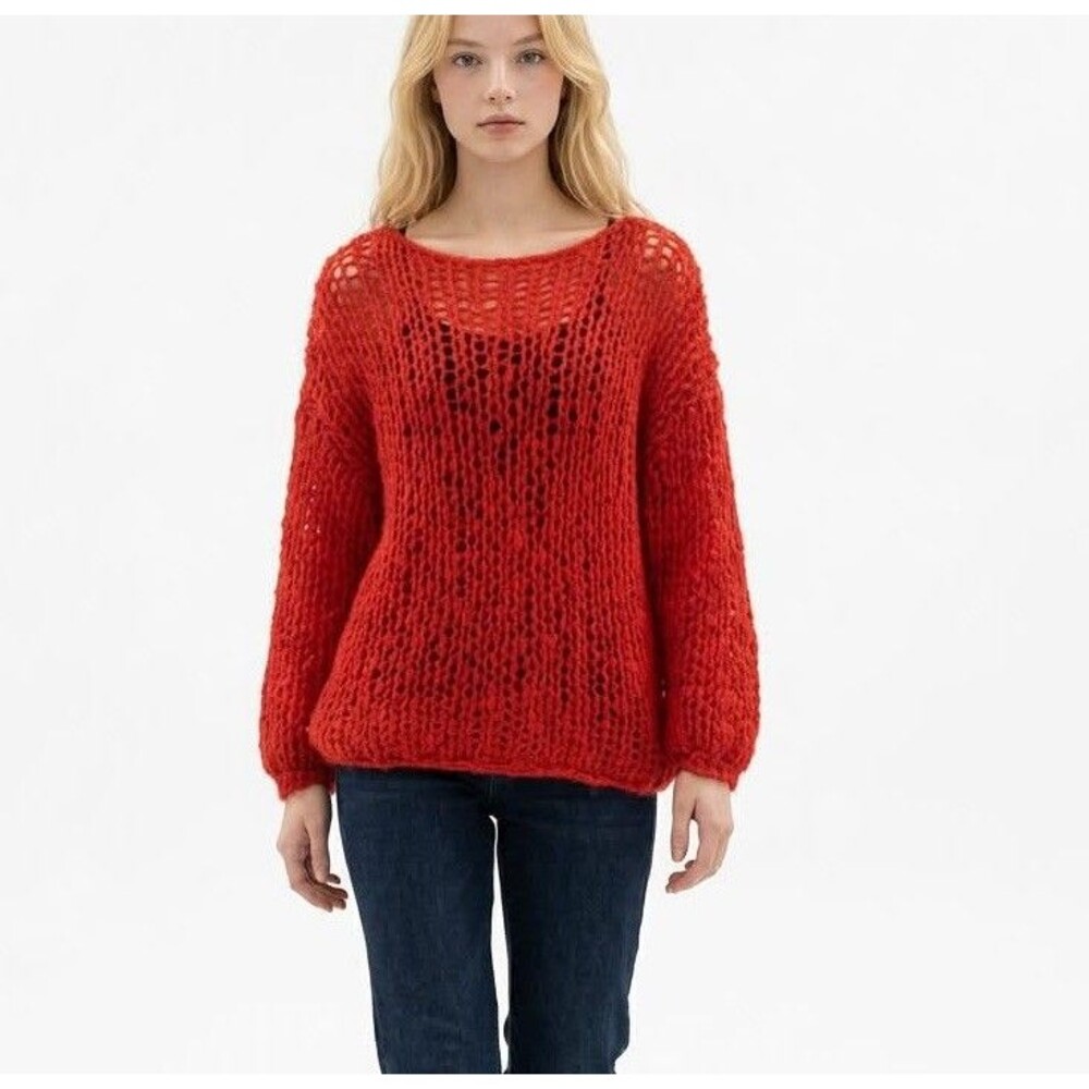 Women's Top Sweater Size M Red Sheer Cable Knit Wool